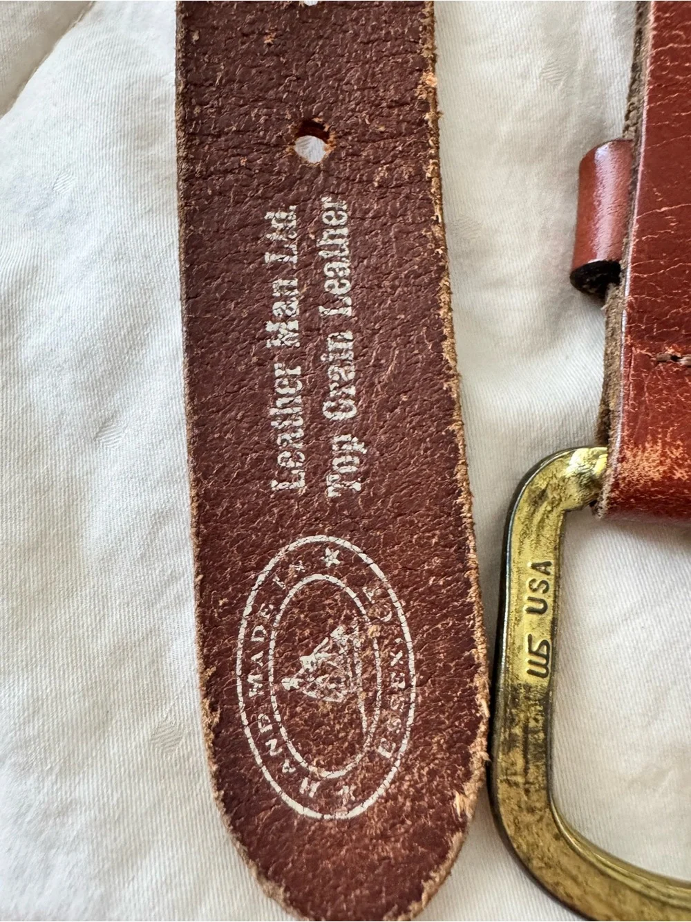 Vintage Navy Fish Embroidered Belt – Size 46 Leather Trim & Solid Brass Buckle